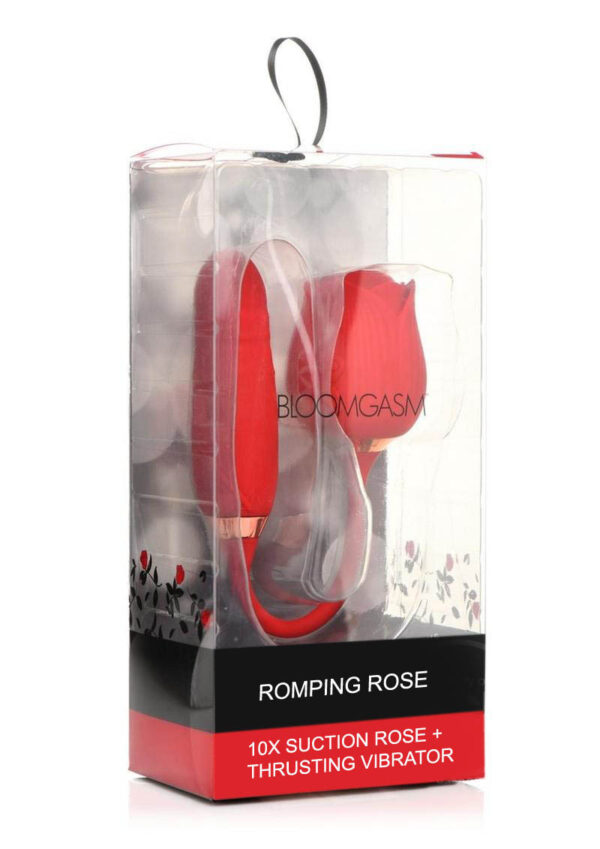 Bloomgasm Romping Rose 10X Rechargeable Silicone Suction Rose & Thrusting Vibrator - Red