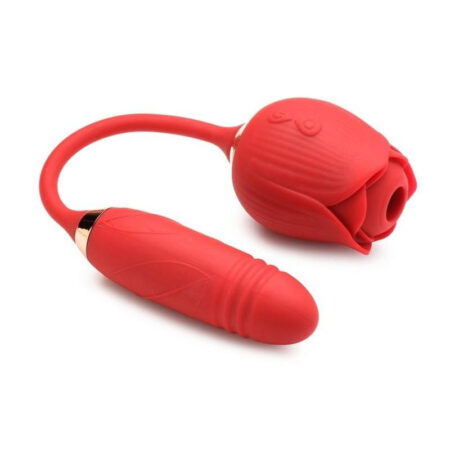 Bloomgasm Romping Rose 10X Rechargeable Silicone Suction Rose & Thrusting Vibrator - Red