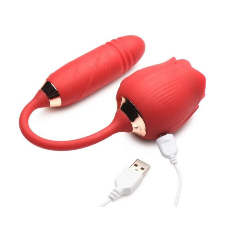 Bloomgasm Romping Rose 10X Rechargeable Silicone Suction Rose & Thrusting Vibrator - Red